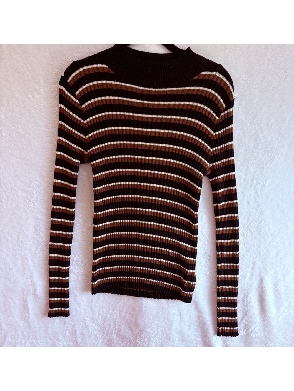 Sanctuary Y2K Striped Mock Neck Ribbed Sweater Brown Black Cream M